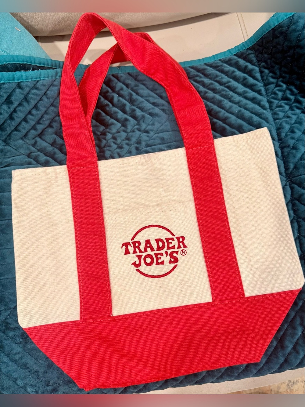 Trader Joe's Canvas Mini Tote Bag - Red & Cream - NWOT